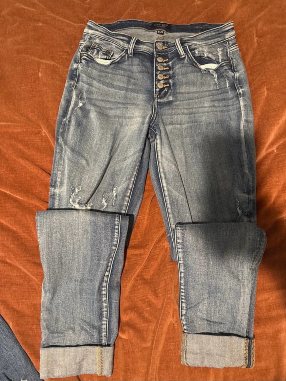 Judy Blue Light-Mid Blue Distressed Button-Fly jeans